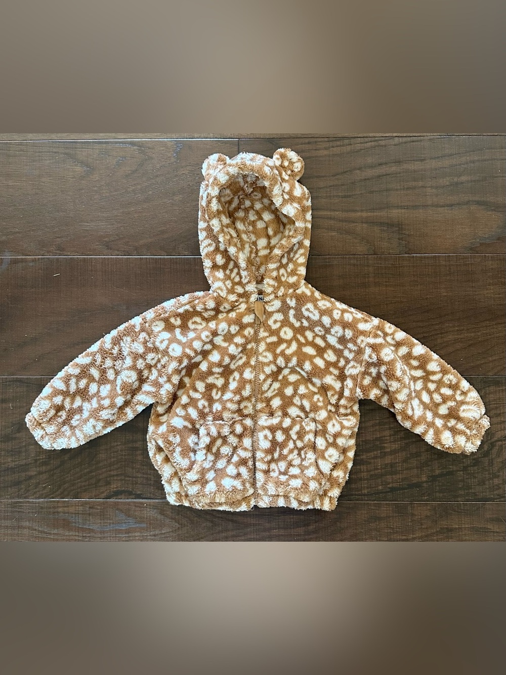 Old Navy Tan and Cream Fuzzy Animal Print Hooded Jacket